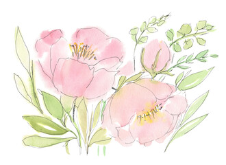 Watercolor pink peony. Flower illustration, abstract peony with leaves. PNG file with transparent background.