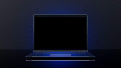 Metallic Laptop Mock-Up on stand and blue light placed on black background. 3D Render.