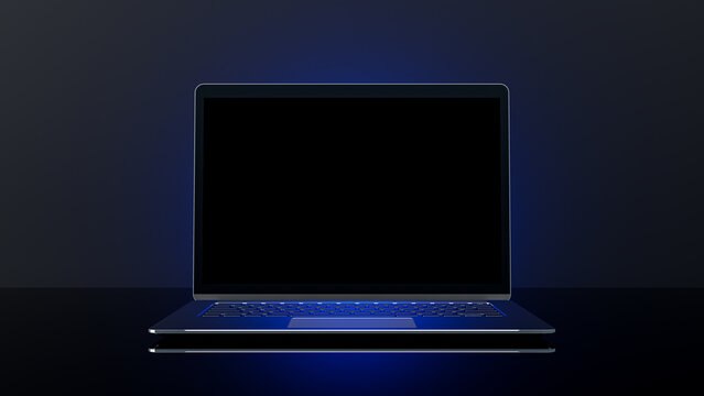 Metallic Laptop Mock-Up on stand and blue light placed on black background. 3D Render.