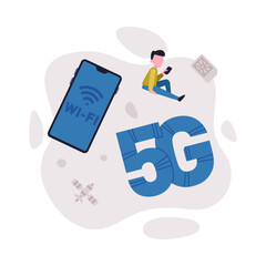 5G global network high speed connection. Small person using high speed mobile internet for working, online gaming and communication cartoon vector illustration