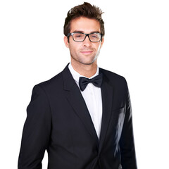 Suit, tuxedo and fashion for a stylish man wearing elegant, rich and classy clothes on a png, transparent and isolated or mockup background. Portrait of an attractive, handsome and formal guy