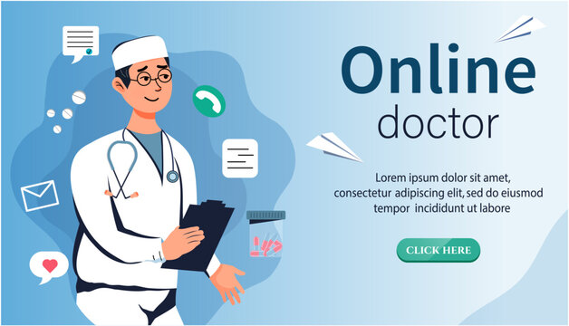 Online doctor. Website page. Phone consultations and correspondence. Vector stock illustration. Help the sick. Flat style. Character