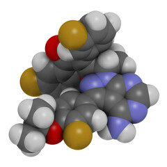 Umbralisib lymphoma drug molecule. 3D rendering. Atoms are represented as spheres with conventional color coding: hydrogen (white), carbon (grey), nitrogen (blue), oxygen (red), fluorine (gold).