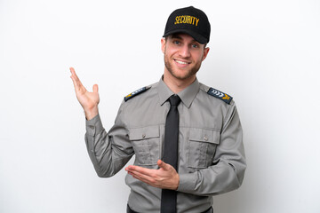 Young safeguard caucasian man isolated on white background extending hands to the side for inviting...