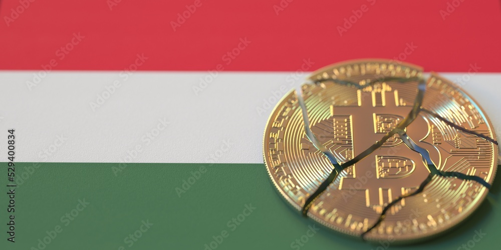 Aufkleber broken bitcoin on the flag of hungary. legal issues and cryptocurrency regulations problems concepts
