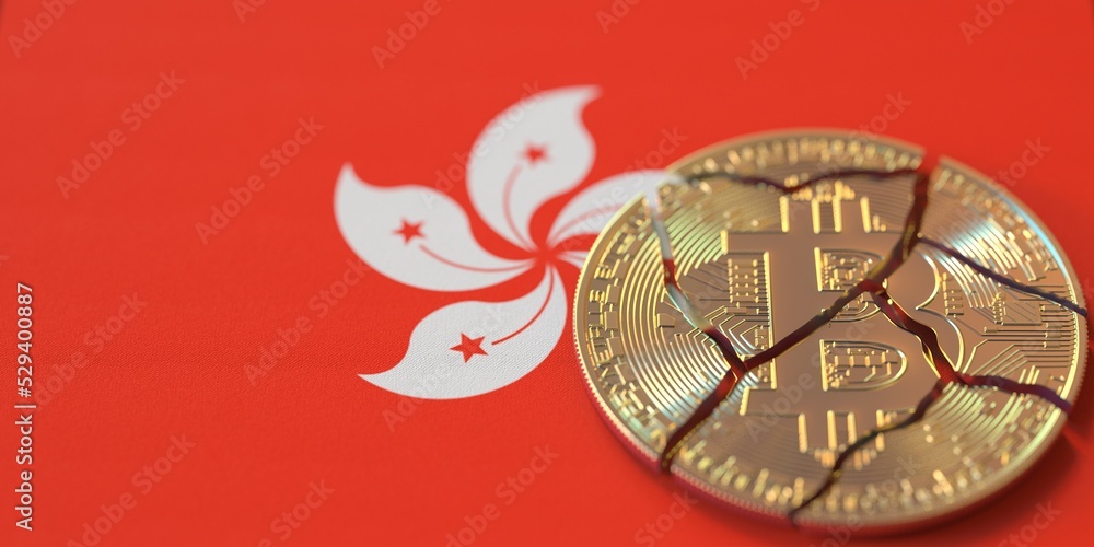 Poster broken bitcoin on the flag of hong kong. legal issues and cryptocurrency regulations problems concep