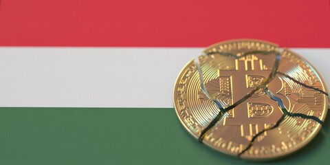 Broken bitcoin on the flag of Hungary. Legal issues and cryptocurrency regulations problems concepts, 3d rendering