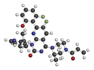 Sotorasib cancer drug molecule. 3D rendering. Atoms are represented as spheres with conventional color coding: hydrogen (white), carbon (grey), nitrogen (blue), oxygen (red), fluorine (light green).
