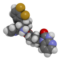 Rimegepant migraine drug molecule. 3D rendering. Atoms are represented as spheres with conventional color coding: hydrogen (white), carbon (grey), nitrogen (blue), oxygen (red), fluorine (gold).