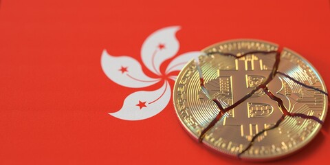 Broken bitcoin on the flag of Hong Kong. Legal issues and cryptocurrency regulations problems concepts, 3d rendering