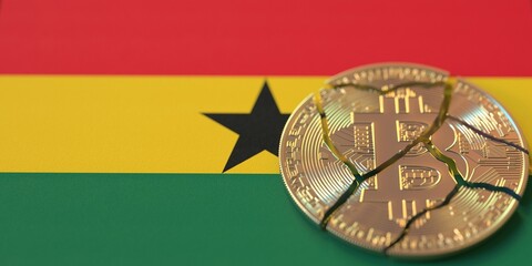 Fototapeta na wymiar Flag of Ghana and broken bitcoin. Cryptocurrency ban or crypto legal issues concepts, 3d rendering