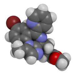 Remimazolam drug molecule. 3D rendering. Atoms are represented as spheres with conventional color coding: hydrogen (white), carbon (grey), nitrogen (blue), oxygen (red), bromine (brown). - obrazy, fototapety, plakaty