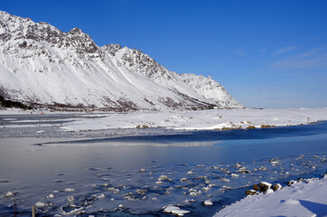 Lofoten Islands coast and mountains in Winter, Lofoten Islands, north Norway