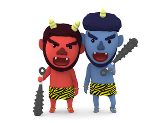 豆まき 節分　赤鬼 青鬼　３Dイラスト