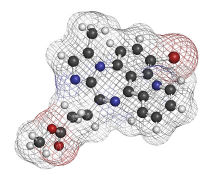 Remimazolam drug molecule. 3D rendering. Atoms are represented as spheres with conventional color coding: hydrogen (white), carbon (grey), nitrogen (blue), oxygen (red), bromine (brown).