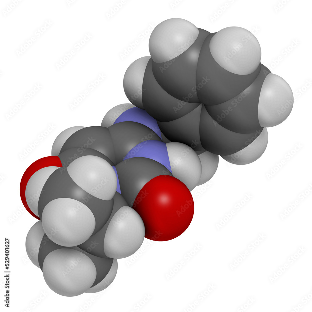 Wall mural Mavacamten drug molecule. 3D rendering. Atoms are represented as spheres with conventional color coding: hydrogen (white), carbon (grey), nitrogen (blue), oxygen (red).