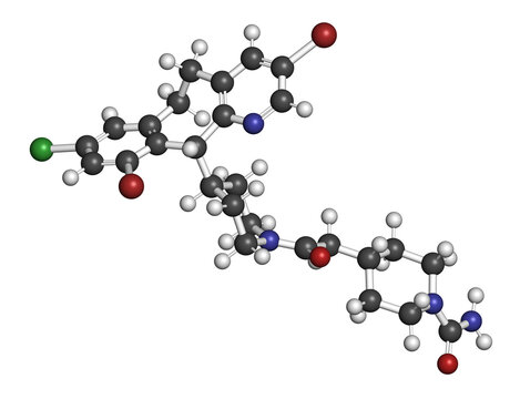 Lonafarnib drug molecule. Inhibitor of farnesyltransferase. 3D rendering.