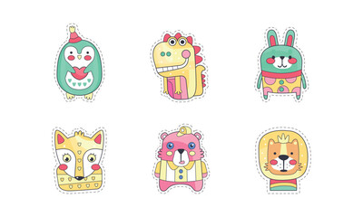 Cute Animal Sticker or Patch with Funny Penguin, Dinosaur and Bunny Vector Set