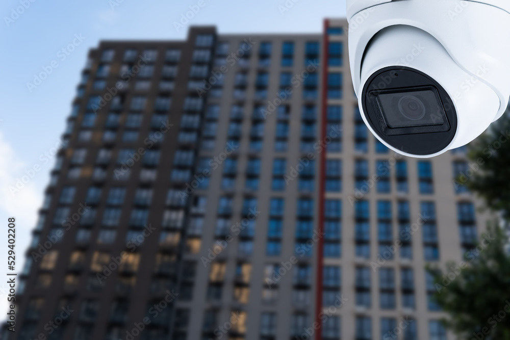 Poster cctv monitoring, security cameras. backdrop with views of condominium