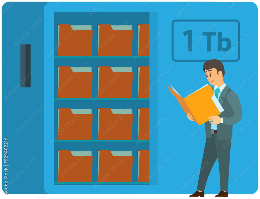 Poster cloud storage technology concept. people stacking folders with information to online storage cell. m