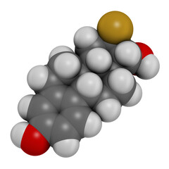 Fluoroestradiol F-18 diagnostic molecule. 3D rendering. Atoms are represented as spheres with conventional color coding: hydrogen (white), carbon (grey), oxygen (red), fluorine (gold).