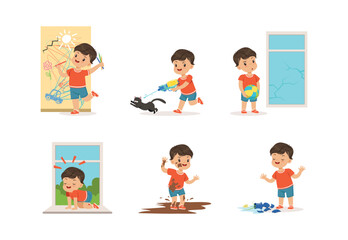 Naughty Little Boy Playing Games and Making Mess Around Vector Set