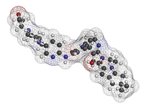 Fenebrutinib drug molecule. 3D rendering. Atoms are represented as spheres with conventional color coding: hydrogen (white), carbon (grey), nitrogen (blue), oxygen (red).