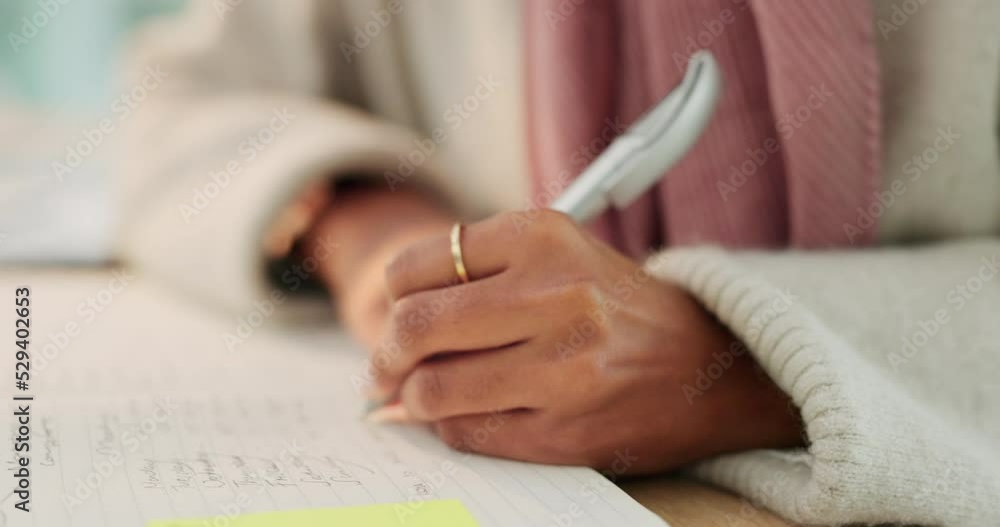 Poster woman writing notes, to do list and journal diary book for budget planning, pen to sign and write ap