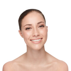 Skincare, beauty and face of a woman with a happy smile, teeth and clean skin on a png, transparent and isolated or mockup background. Portrait of good hygiene, health and dental care or wellness