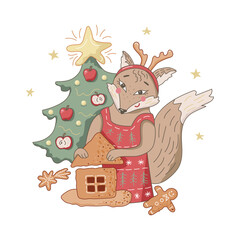 Naklejka premium Fox is making gingerbread house. Vector illustration isolated on white background.