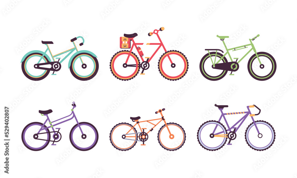 Wall mural different bicycles or cycle with pedal and two wheels attached to frame vector set