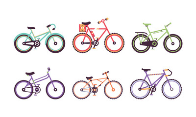 Different Bicycles or Cycle with Pedal and Two Wheels Attached to Frame Vector Set