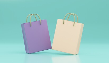 3D paper bag on blue background. Online shopping concept. 3d rendering illustration