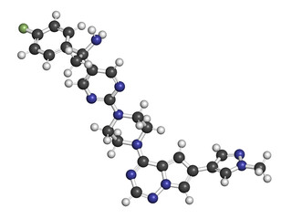Avapritinib cancer drug molecule. 3D rendering. Atoms are represented as spheres with conventional color coding: hydrogen (white), carbon (grey), nitrogen (blue), oxygen (red), fluorine (light green).
