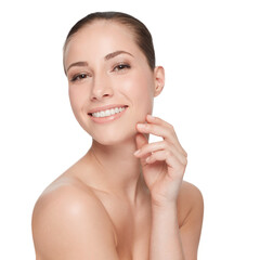 Skincare, beauty and face of a woman with a happy smile, teeth and clean skin on a png, transparent...