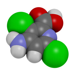 Aminopyralid herbicide molecule. 3D rendering. Atoms are represented as spheres with conventional color coding: hydrogen (white), carbon (grey), nitrogen (blue), oxygen (red), chlorine (green).