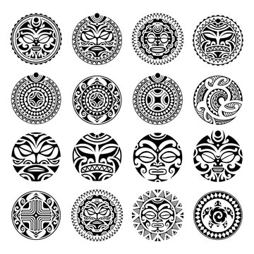 Set of round Maori tattoo ornament with sun symbols face and swastika. African, maya, aztec, ethnic, tribal style.