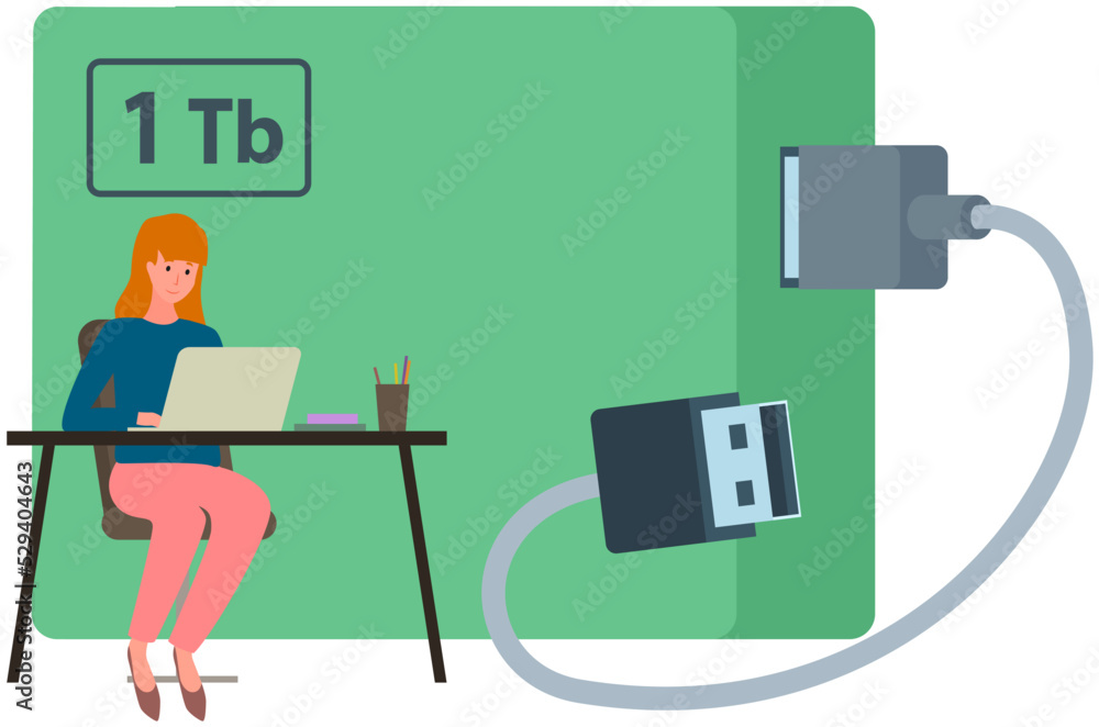 Poster external hard disk drive with usb cable isolated on white. portable extern hdd. memory drive vector 