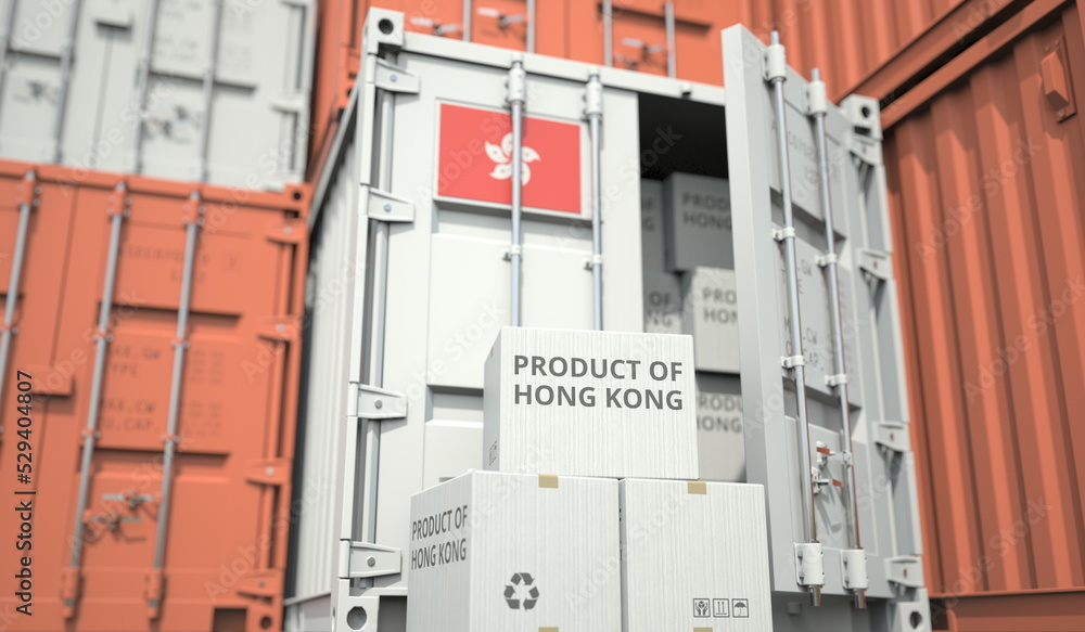 Poster cargo containers and boxes with products from hong kong. national industry related conceptual 3d ren