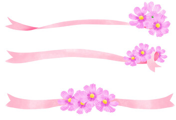 ピンクのリボンとコスモスの飾り罫／Decorative border of pink ribbon and cosmos