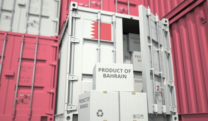 Boxes with goods from Bahrain and cargo containers. National economy related conceptual 3D rendering