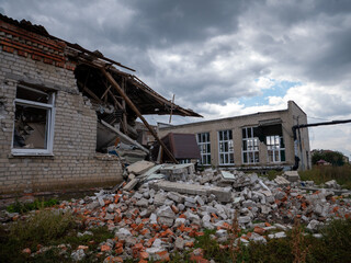 war in ukraine house school that blew up russian troops. High quality photo