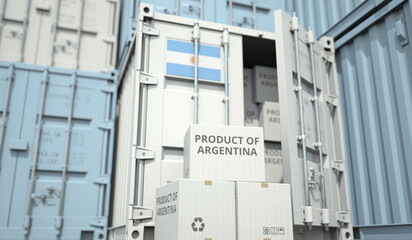 Boxes with goods from Argentina and cargo containers. National economy related conceptual 3D rendering