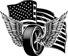 Illustration of winged wheel on american flag background. Design element for poster, card, banner, sign, emblem. Vector illustration