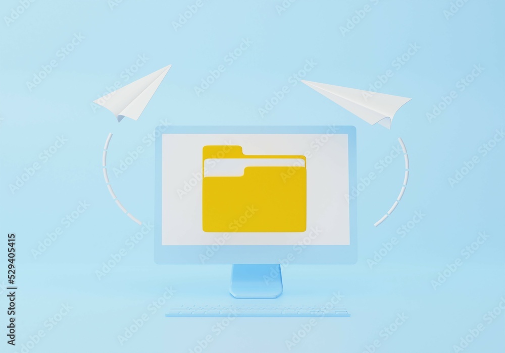 Aufkleber file transfer concept. yellow folder with document on computer monitor. 3d rendering illustration.