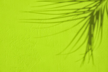 Abstract palm leaves shadows on lima green concrete wall texture. Abstract trendy colored nature concept background. Copy space for text overlay, poster mockup flat lay 