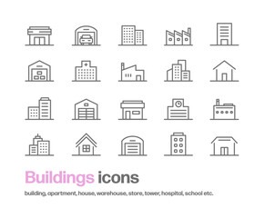 様々な建造物のシンプルなアイコンセット。ビル,病院,倉庫,工場,住宅,学校,店舗,街並み,タワー等のアイコンが含まれている。
