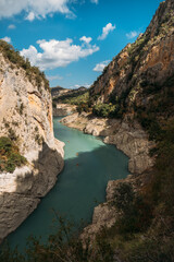 Aerial view of the Congost de Mont-rebei gorge and kayakers on sunny day in Catalonia, Spain
