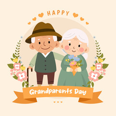 Happy Grandparents day greeting card Vector illustration. Cute cartoon grandparent on vintage beige color background.