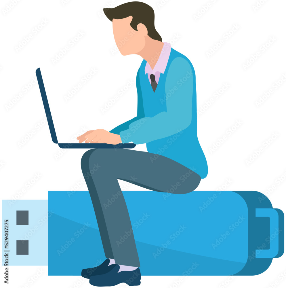 Poster business man with laptop sitting on usb flash drive digital device. freelancer or office worker work